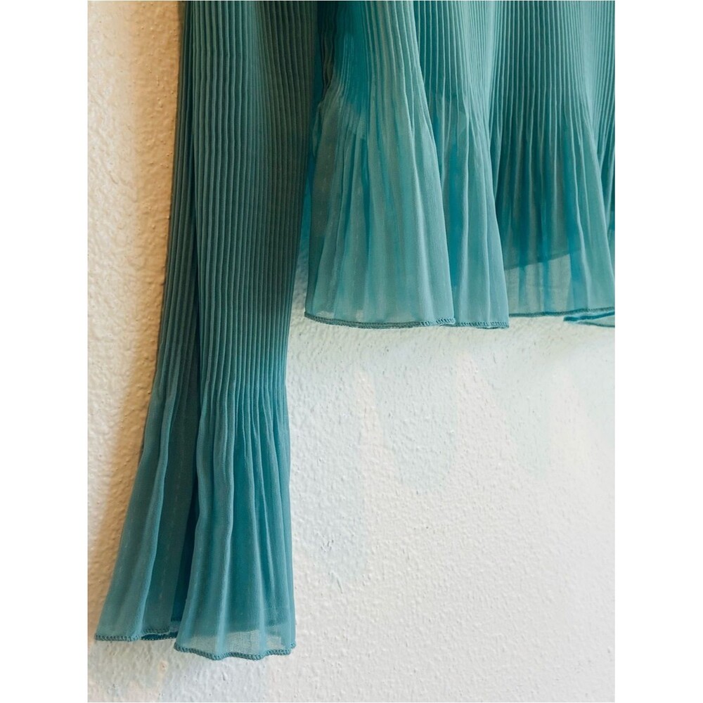 Madewell Womens Teal Pleated V-Neck Long Sleeve Blouse Flare Sleeve Elegant - Picture 11 of 16